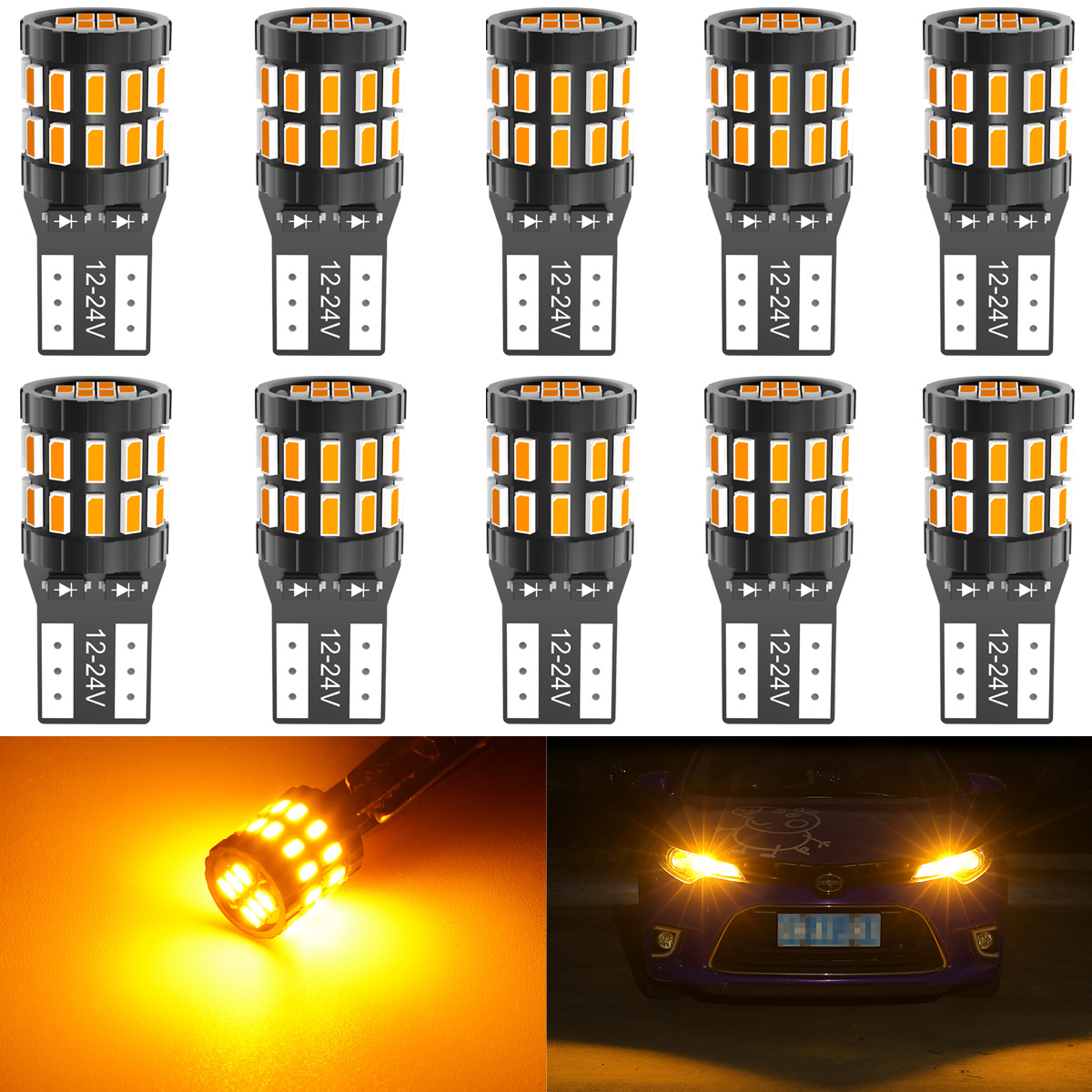 10 Uds T10 W5W bombillas Base de enchufe 194 168 LED luces de estacionamiento de lectura Interior de coche LED Canbus blanco rojo azul naranja: YELLOW
