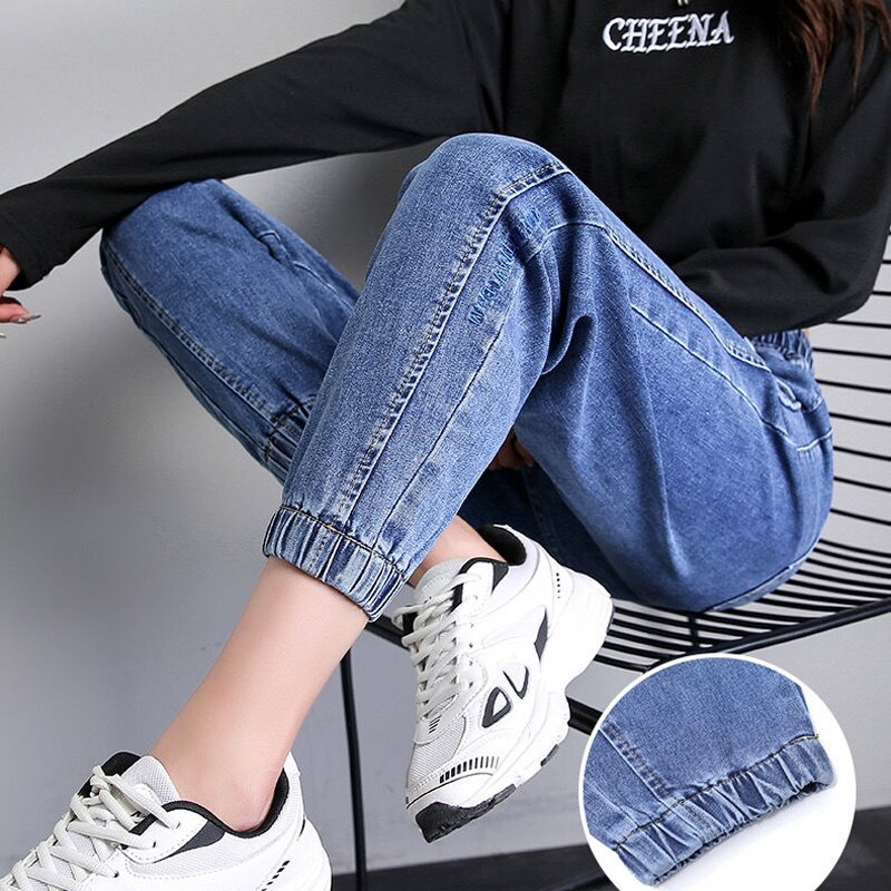 Ankle Length Harem Jeans Women Casual Elastic High Waist Denim Pants Streetwear Drawstring jogger Pants female