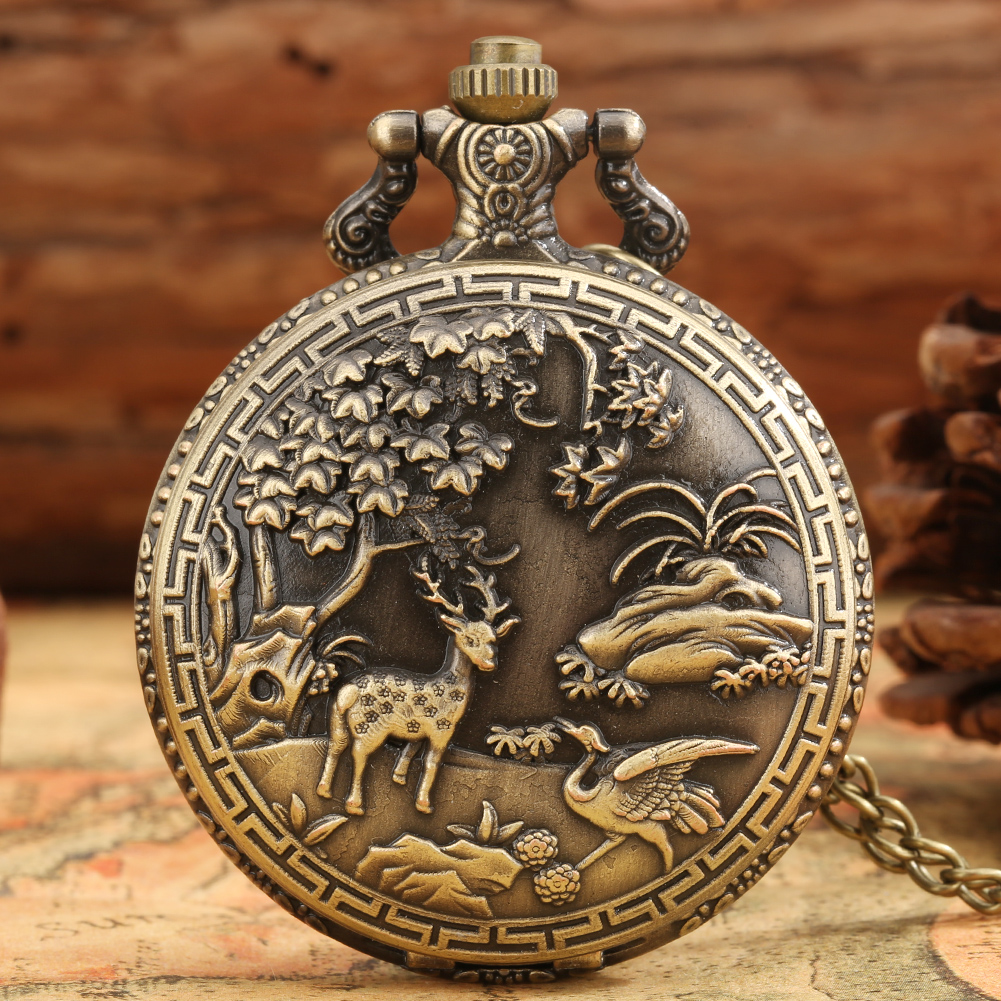 Bronze Pocket Watch Hollow Engraving Lotus Pond Carp Swimming Pendant Necklace Quartz Pocket Watch for Men Relógio De Bolso: P4697 fine chain