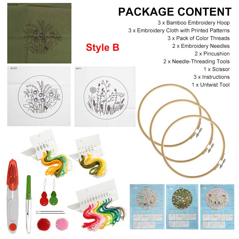 DIY Embroidery Flower Plants Pattern Handwork Needlework for Beginner Embroidery Hoop Cloth Cross Stitch Kit Home Decoration: B