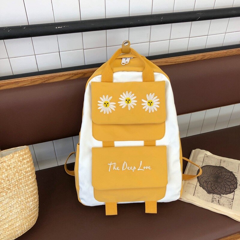 Kleine Daisy Borduurwerk Korea Packpacks Japan Bloem Junior College Hoge Tiener Schooltassen Eenvoudige Boekentas Mochilas Mujer: YELLOW