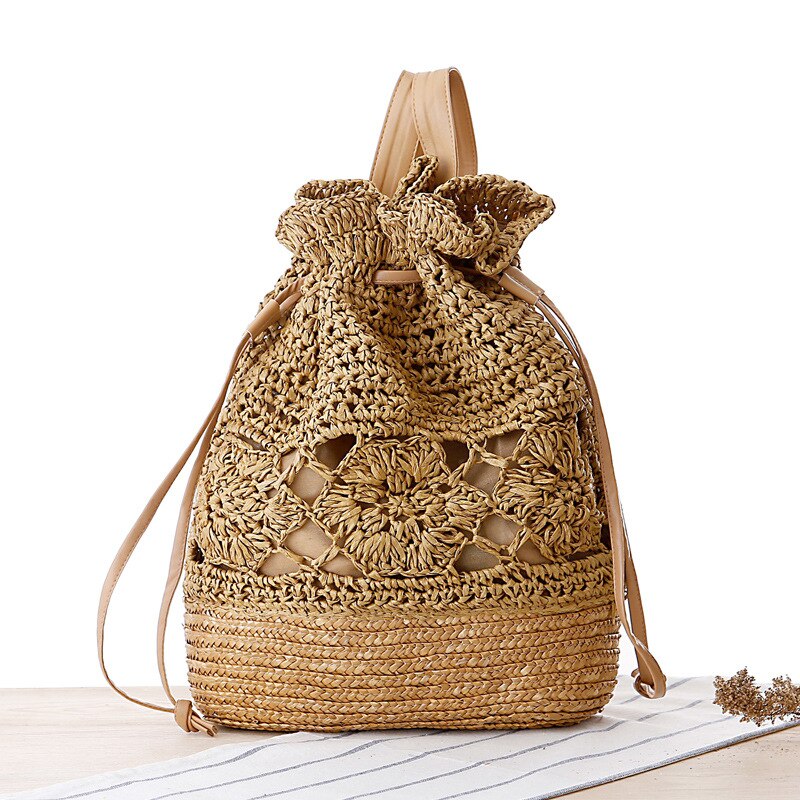 Summer Knitted Flower Drawstring Bag Crochet Straw Pouch Bohemian Hollow Out Backpack Women Textile Bags Beach: Lt Brown