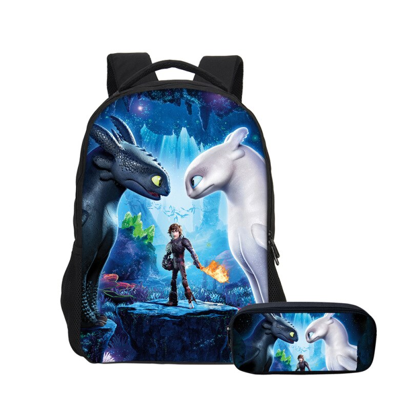 2 unids/set mochila con estampado de furia ligera sin dientes + estuche para lápices cómo entrenar tu mochila de dibujos animados de dragón mochila de viaje para hombre