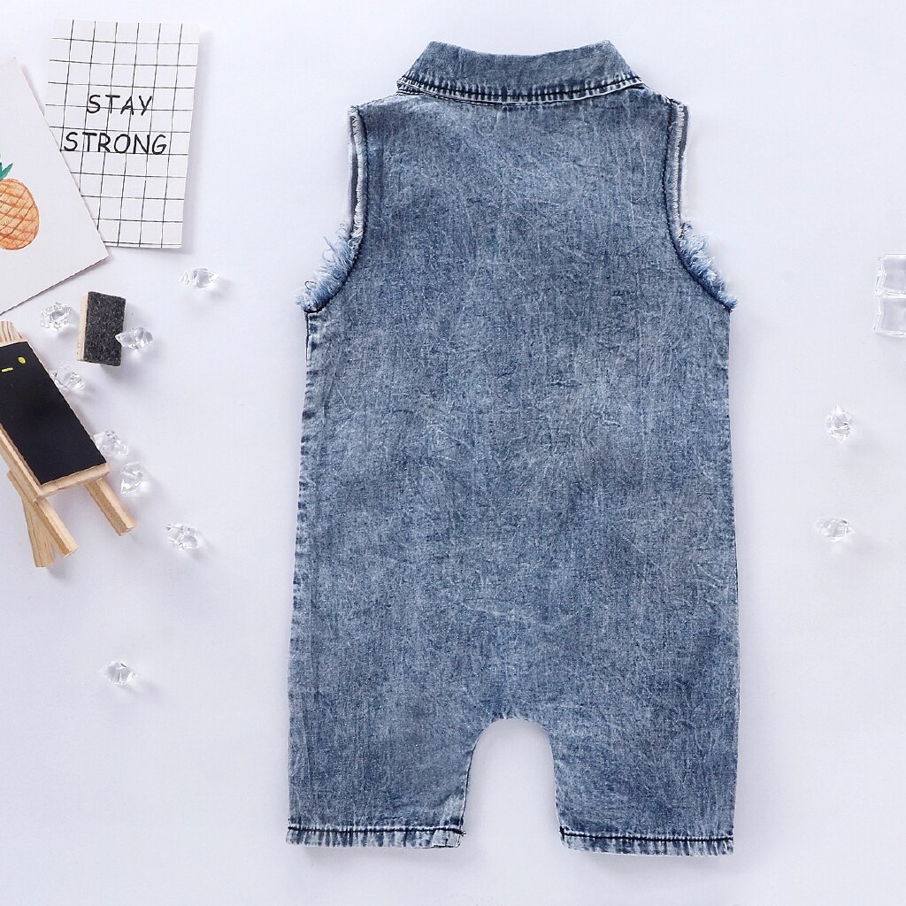 Bébé Été Denim Barboteuse Enfant En Bas Âge -Né Bébé Garçon Fille Sans Manches Bouton Poche Barboteuses Infantile Jumpsuit Vêtements Décontractés Tenues