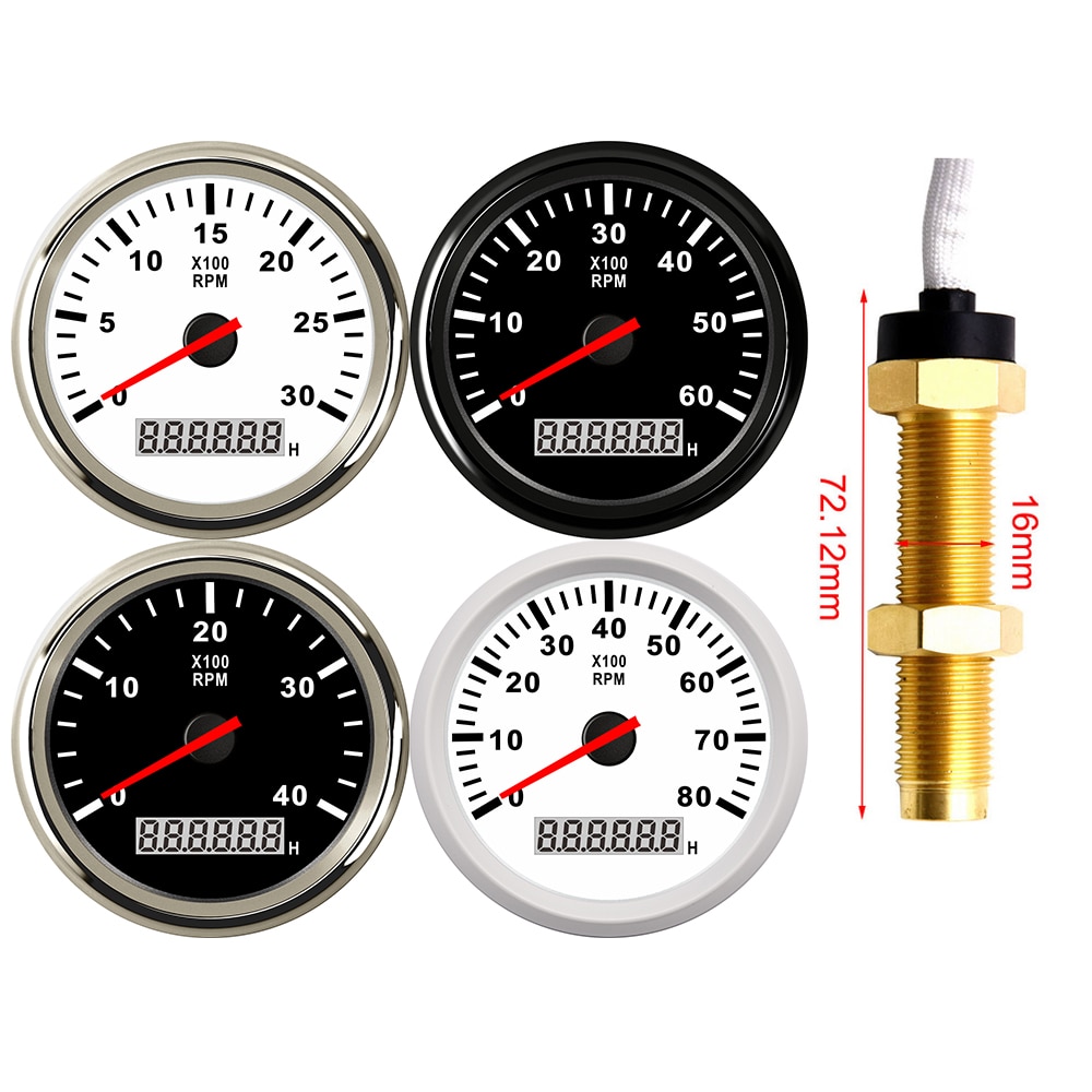 85MM Gauge with Tacho Sensor M16 for Gasoline Diesel Engine Tachometer 3KRPM 4KRPM 6KRPM 8KRPM With Hourmeter Red Backlight