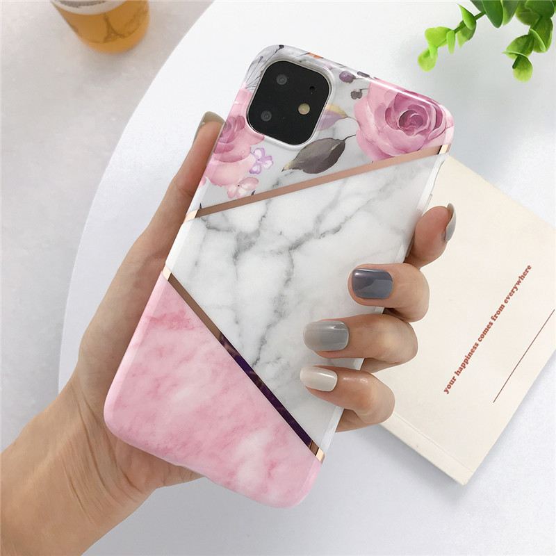 USLION Electroplate Marble Flower Phone Case For iPhone 11 Pro Max X XS XR Xs Max Cases For iPhone 6 6s 7 8 Plus Soft IMD Cover: For 6 Plus 6s Plus / T1