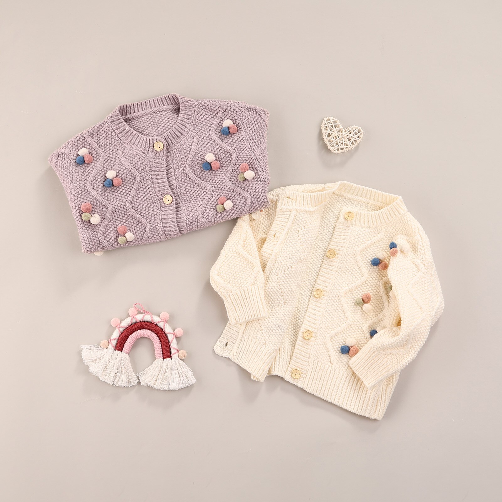 Cardigan lavorato a maglia per bambini autunnali, decorazioni per palline di peluche per bambine collo tondo manica lunga Outwear monopetto top Casual