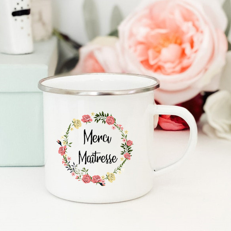 Tasses à café et thé à imprimé de fleurs françaises, créatives, pour boissons, eau et lait, en émail, poignée d&#39;école, maison, verres, pour enseignants: XH1725-A015WH-8