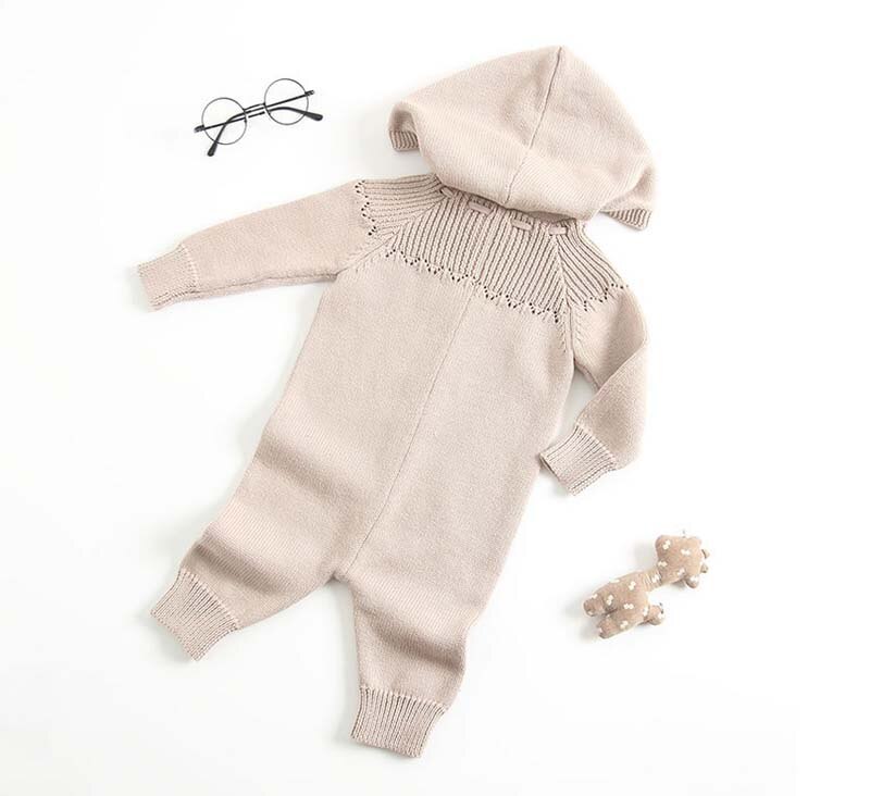 Barboteuse en tricot pour bébés filles | Chandail solide à capuche, manches longues, combishort ajouré, ensemble