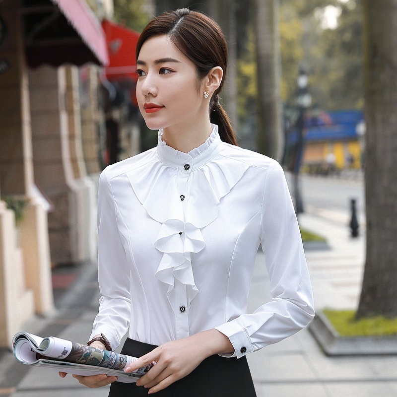 ACRMRAC Women shirt Spring and autumn Long sleeve Solid color Flounced Slim Business OL Formal Blouses & Shirt: XXXL