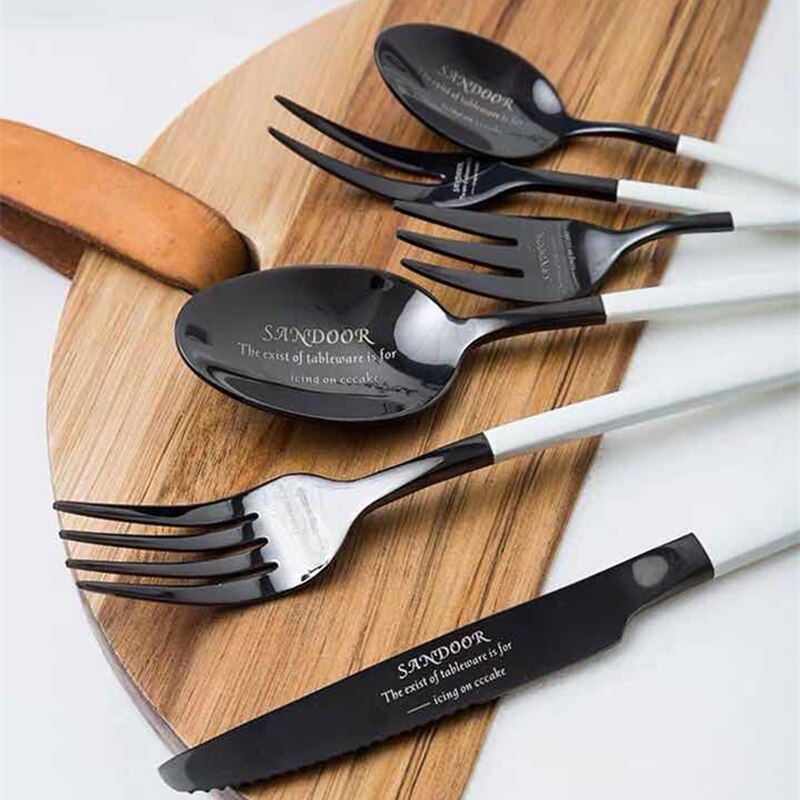 Tenedor principal para carne, cuchillo para sopa, cuchara, juego de cubiertos para café, estilo Simple, tenedores para fruta, postre, cubiertos de la cena en blanco y negro