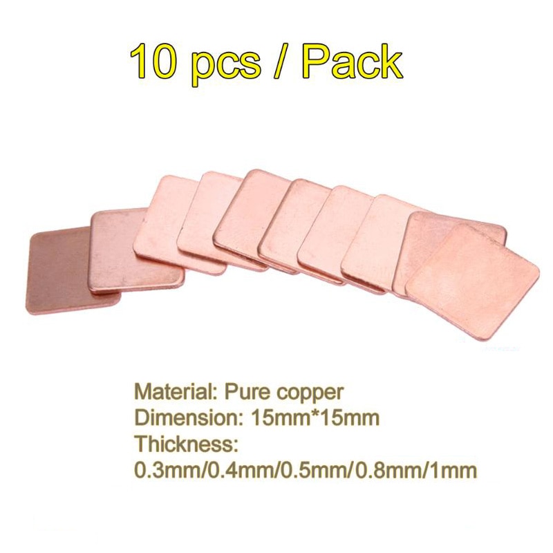 Almohadillas térmicas de cobre de conducción térmica para ordenador portátil, conjunto de chips IC, GPU, refrigeración de CPU, 15mm x 15mm, 0,3/0,4/0,5/0,8/1,0mm, 10 Uds.