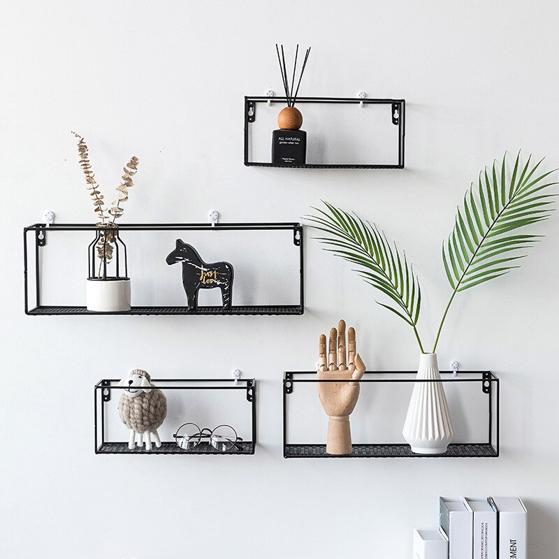 Estantes de hierro dorado para pared, manualidades de decoración de escritorio creativas de Metal, soportes de almacenamiento, organización de estantería flotante colgante para el hogar