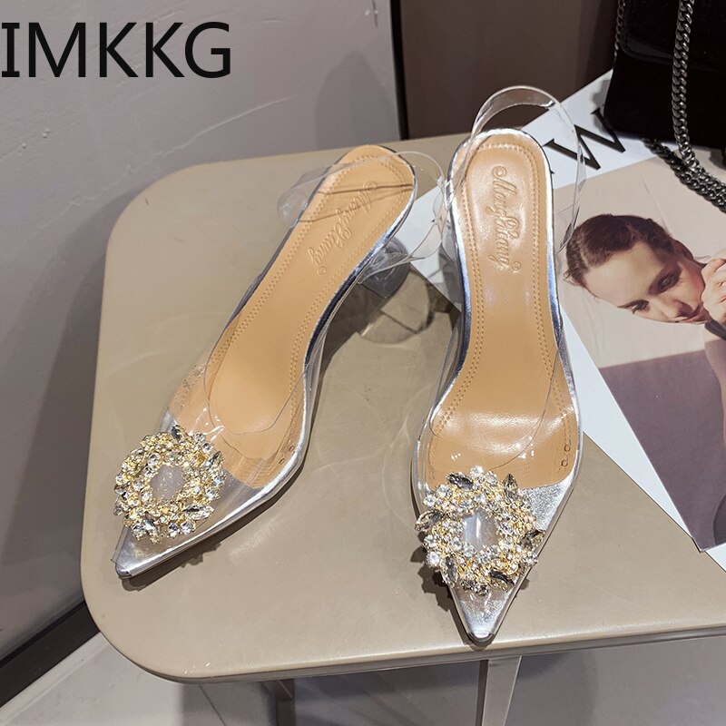 PVC Transparent Women Sandals Crystal Peep Toe High Heels Shoes Woman Perspex Spike Heel Back Strap Pumps Sandals clear shoes