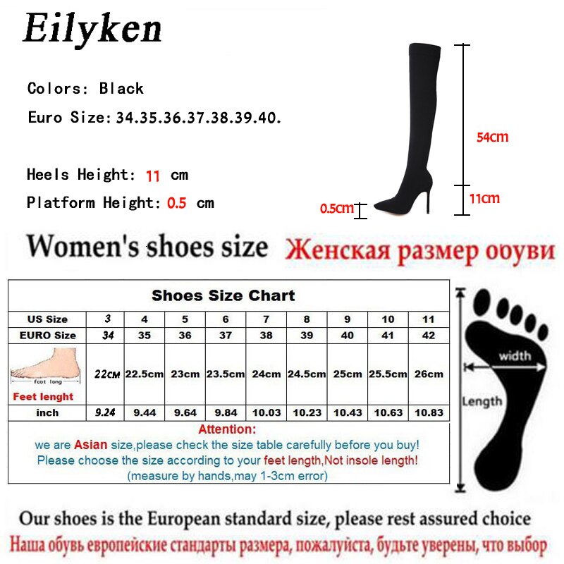 Eilyken Zwarte Vrouwen Dij Hoge Laarzen Mode Elastische Slanke Hoge Hakken Over De Knie Laarzen Sexy Skinny Lange Sok Laarzen schoenen