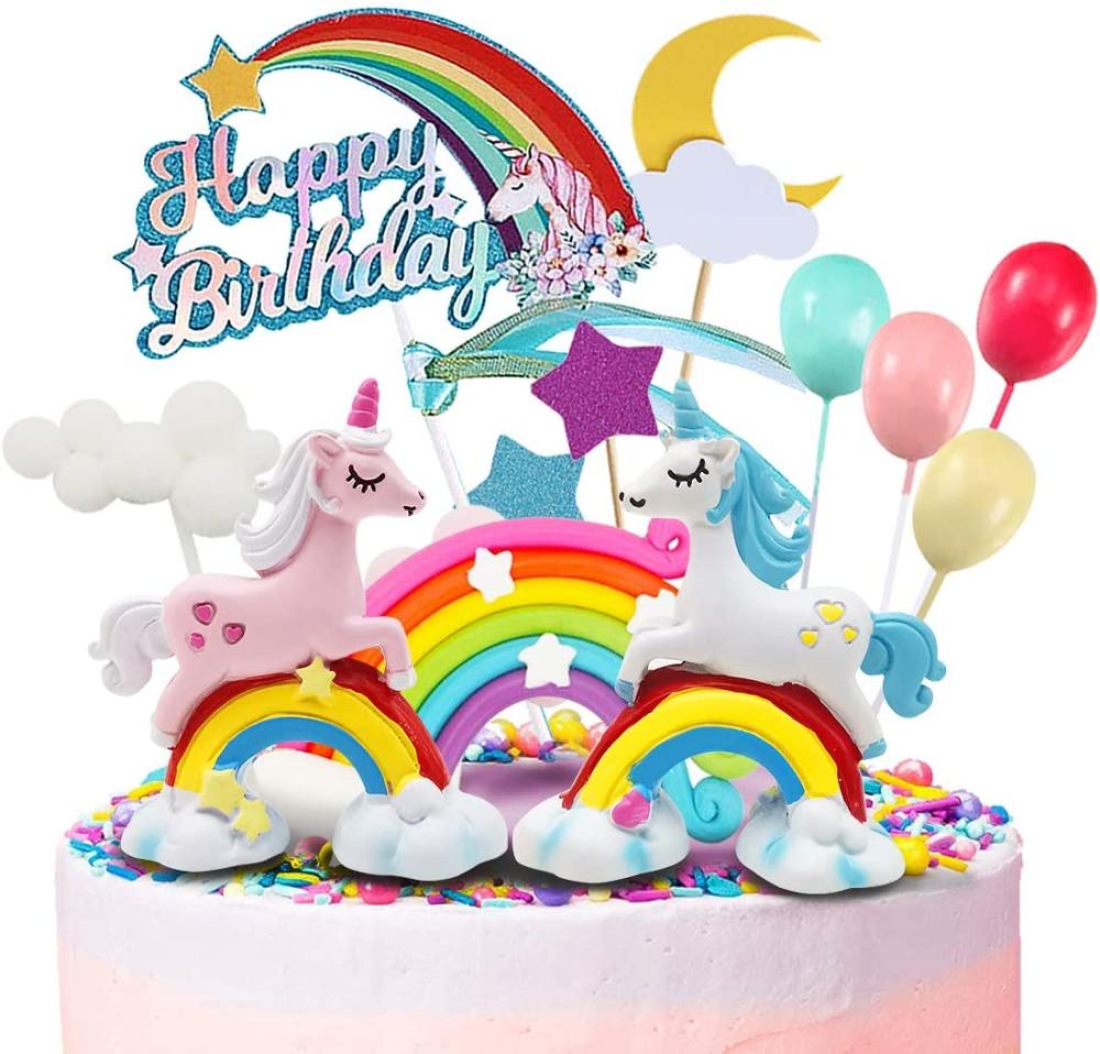 Yksisarvinen kakkukakku sateenkaari yksisarvinen hyvää syntymäpäivää kakku koristelu hyvää syntymäpäivää kaatopaikka pilvi ilmapallot kuu tähdet cupcake topp