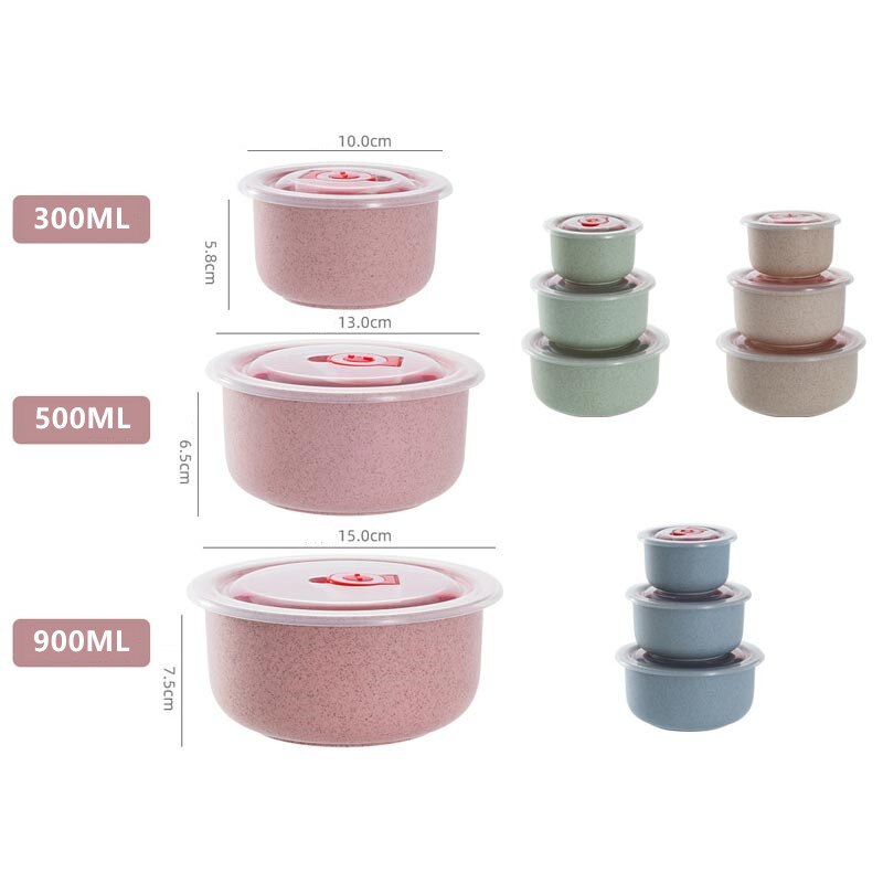 Wheat Straw Fresh-keeping Bowl Threepiece Set With Lid Round Lunch Box Can Be Microwave Sealed Bowl Kitchen Supplies Storage Box