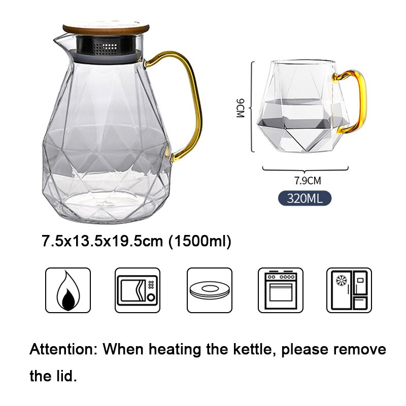 Diamant Patroon Glas Water Jug Transparante Home Karaf Warm Koud Water Pitcher Hittebestendige Koffie Theepot Met Bamboe Houten Deksel