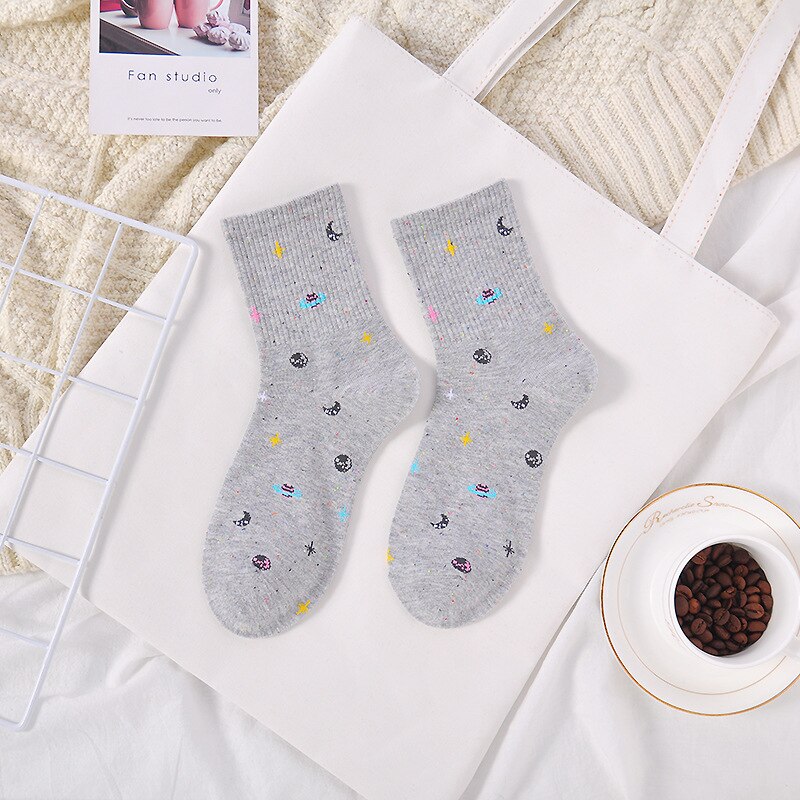 Japanese Moon Stars Universe Socks Harajuku Planet Point Yarn Funny Socks Women Warm Cute Novelty Femme Sokken Meias