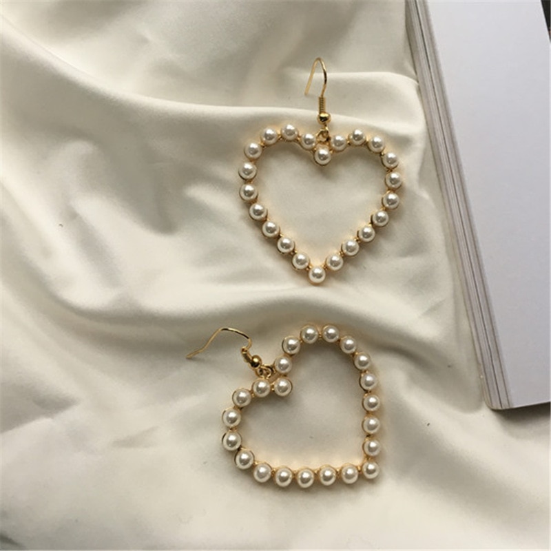 1Pair Love Heart Earrings Gold Color For Women Ladies Girls Korean Style Party Wedding Jewelry Pearl Dangle Earring