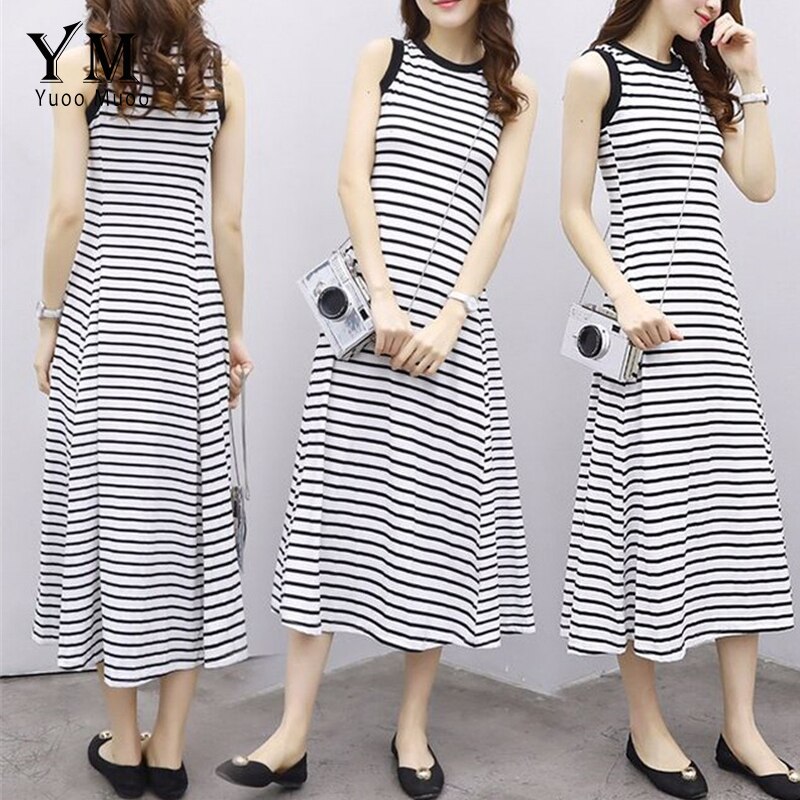 Yuoomuoo plus size lang sommer kvinder kjole hvid sort stribet afslappet maxi tank kjole a line strand kjole streetwear