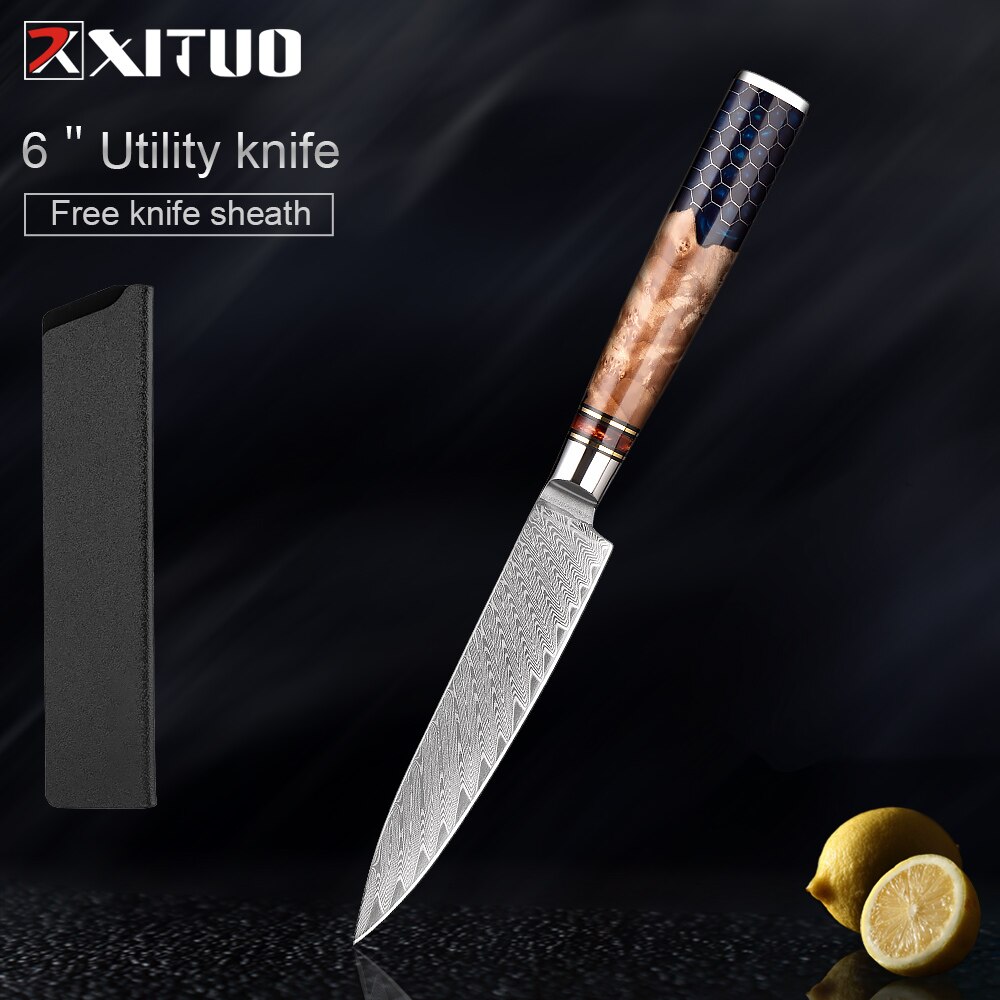 XITUO-Juego de cuchillos de cocina de acero damasco, 67 capas, afilados, duraderos, cuchillo de corte multifuncional, mango de panal de resina azul: 6 inch Utility knife