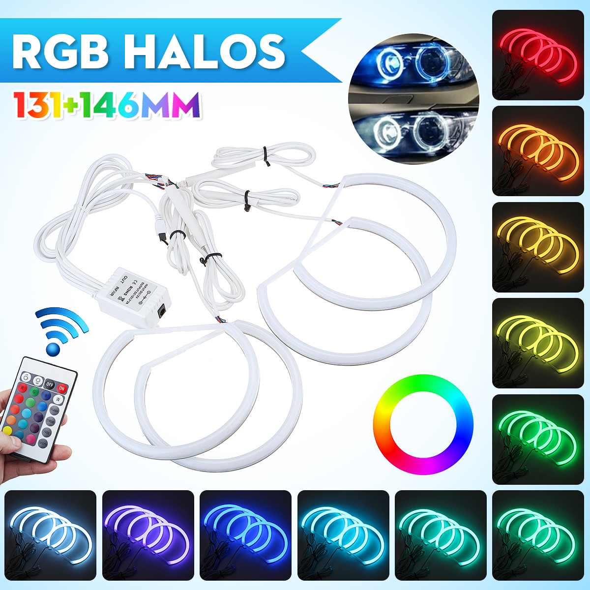 Headlight Multi-color RGB LED Angel Eyes Halo Ring Eye Light Remote Control for BMW E46 E90 E91 2PCS 131mm 2PCS 146mm