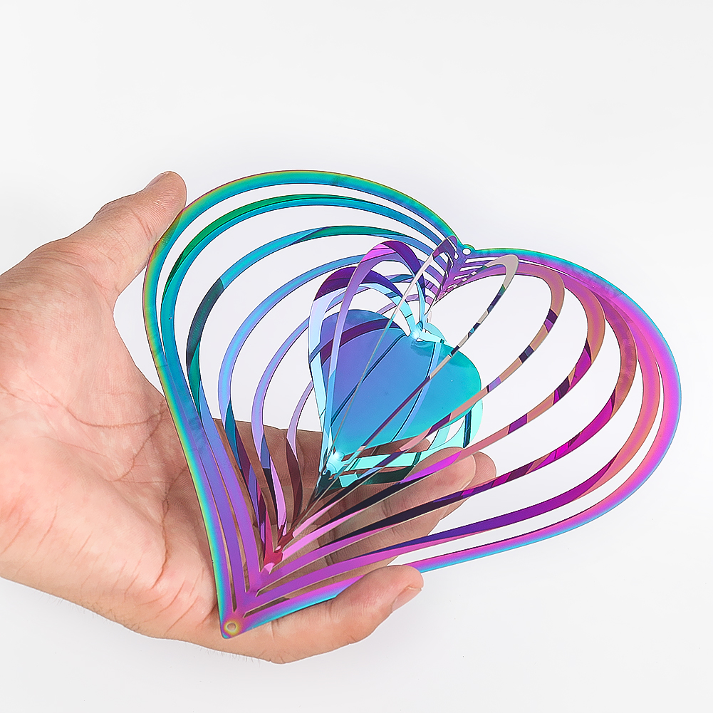 Colorful Heart Wind Spinner 3D Rotating Wind Catcher Flowing Love Windchime Garden Yard Hanging Decor Reflection Bird Repellent