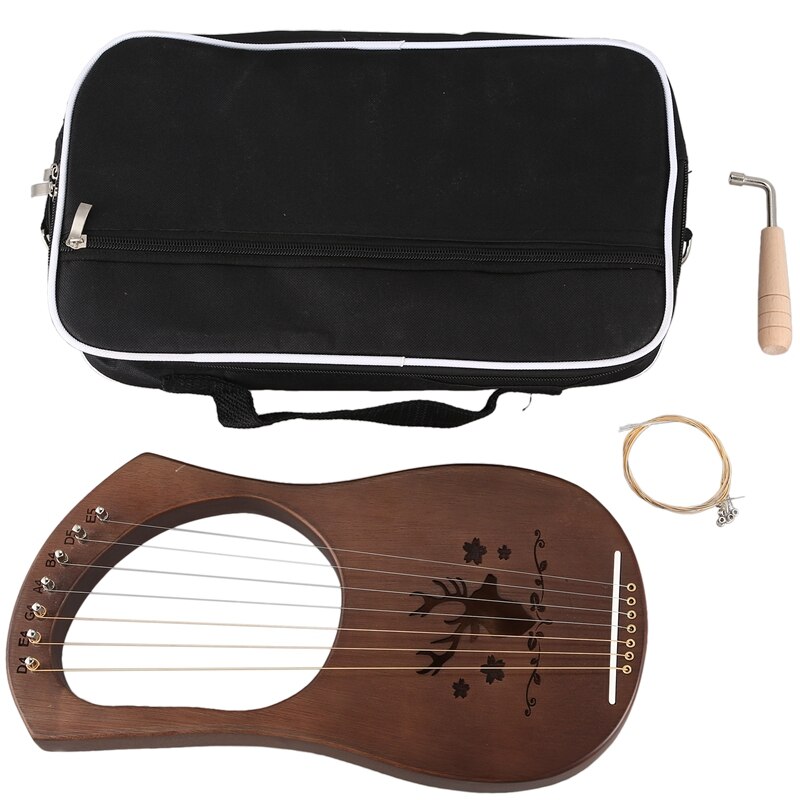7-String Lyre Harp Strings Solid Mahogany Wood String Instrument with Carry Bag Tuning Tool