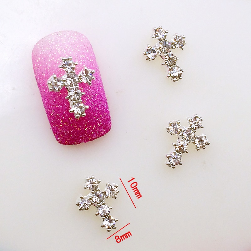 10 stks/zak Japan 3D Nail Art Deco Metalen Zilveren Fancy Cross Nail Sticker met Clear Crystal DIY Nail Gereedschap Voor Maincure