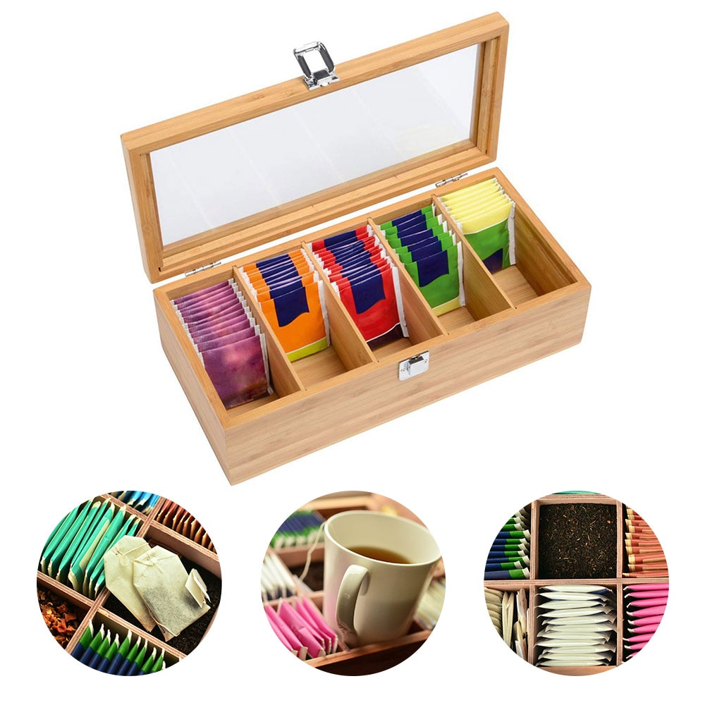 Bamboo System Tea Box System Tea Bag Jewelry Organizer Storage Box 5 Compartments Tea Box Organizer Wood Sugar Packet Container