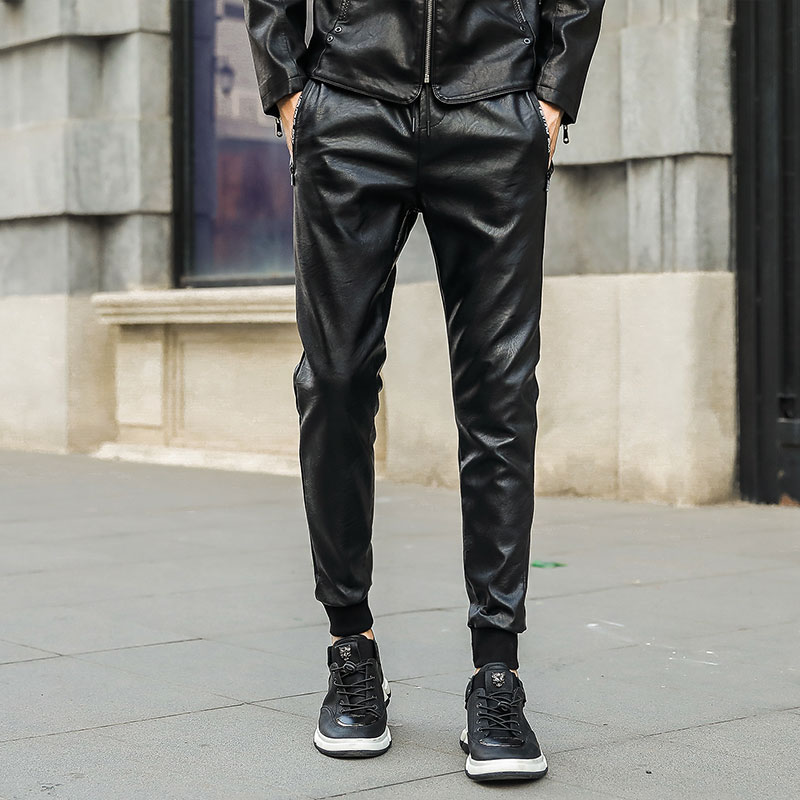 men streetwear leather pants casual slim fit washing locomotive pants mens feet Joggers