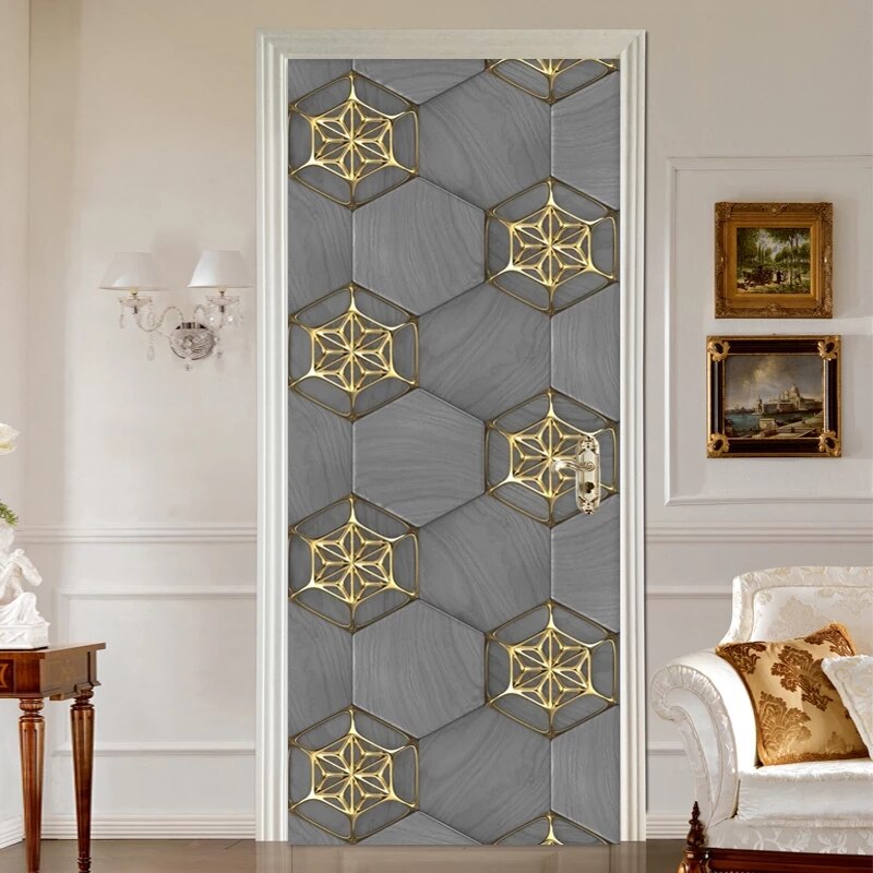 3D Wall Door Sticker Modern Stereo Golden Abstract Geometric Wallpaper Living Room Study Door Decal Pvc Self-Adhesive 3D Sticker