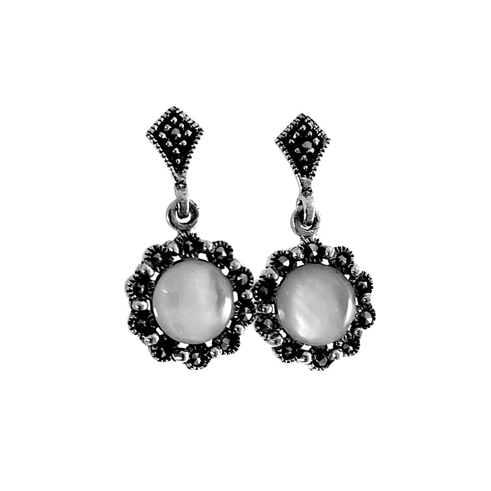 Boucles d'oreilles en argent Sterling 925m de long 25mm. Perle marquises ronde fermeture pression femmes [AC1355]