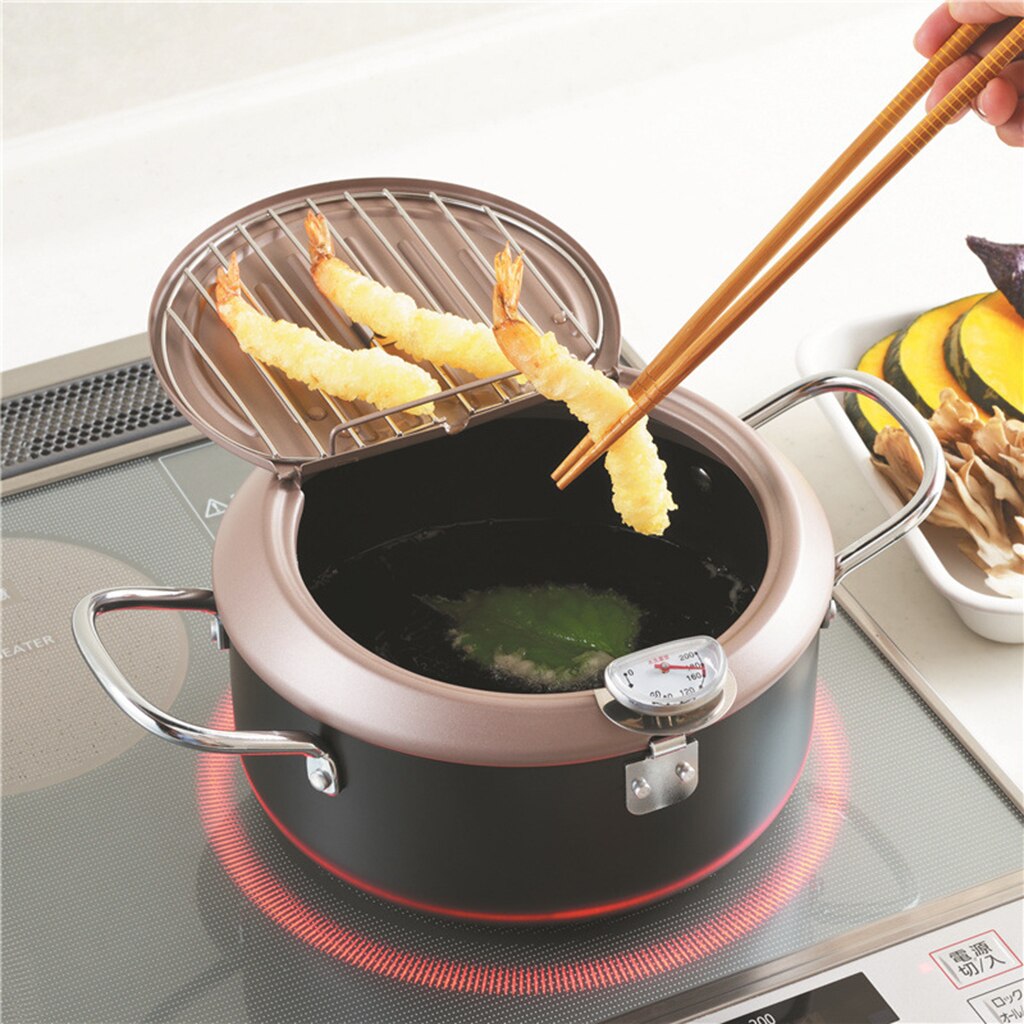2 griff Pfanne mit Thermometer Runde Friteuse Topf Abtropffläche Küche Kochen Pfanne für Heimat Ourdoor Camping Party BBQ