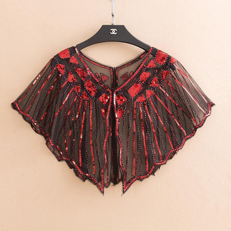 Châle de mariée , 16 couleurs, enveloppe en dentelle noire, boléro Cape courte pour femmes, paillettes scintillantes, veste d'été en dentelle noire: blackred