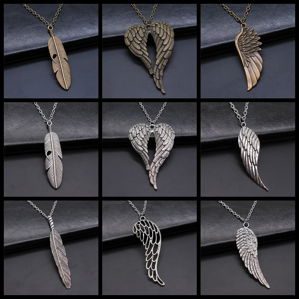 2 Colors Antique Silver Color Antique Bronze Color Bird Wings &amp; Feather Pendant Necklace For Women Men Girl Boy Metal Chain