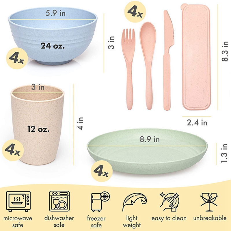 Wheat Straw Dinner Set - (28Pcs) Lightweight &amp; Unbreakable Dinner Set -Reusable Plates, Cups, Bowls and Cutlery