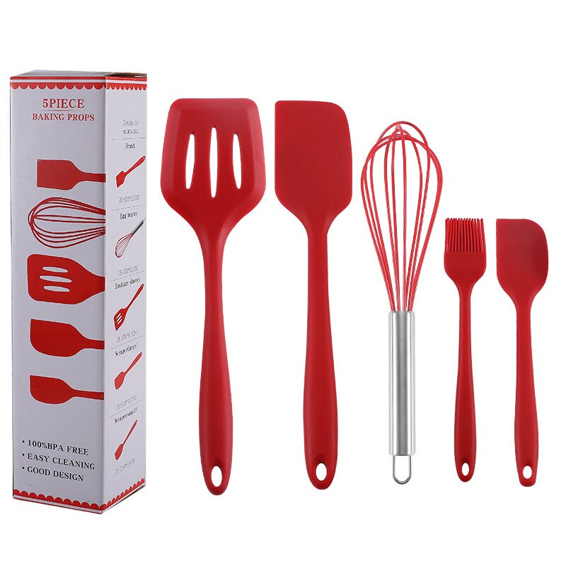 Silicone kitchenware 5-piece silicone kitchenware set kitchen utensils set baking tools: Red