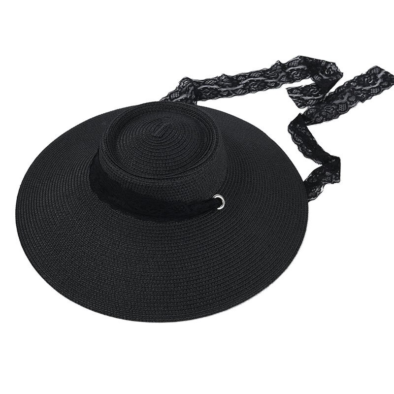 ins stor kant solhatt til kvinner blondere stropper svart strandhatter årgang sommer uv hattemaker   s1091