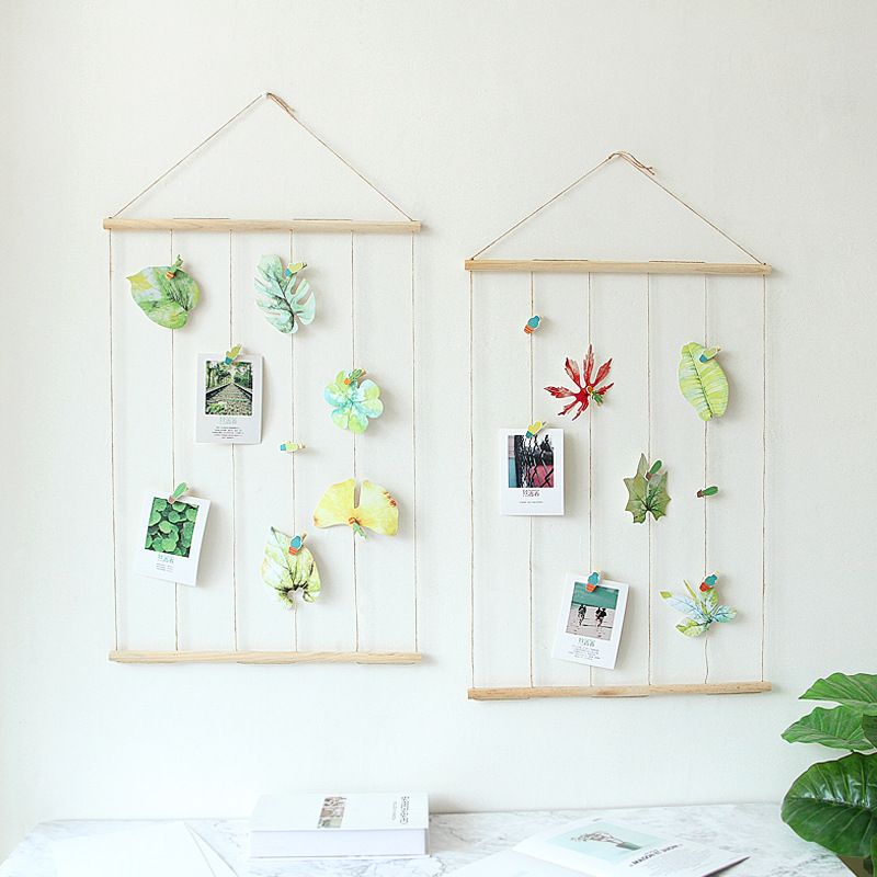 Handgemaakte grote houten stok hangende diy fotodisplay macramé wandhanger foto organizer met clips foto achtergronddecoratie