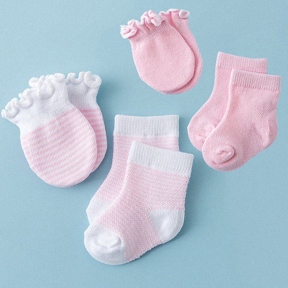 4pairs Newborn Baby Gloves Socks Sets Protection Face Newborn Baby Mittens Anti-scratch Cotton Striped Breathable Elastic Gloves: Default Title