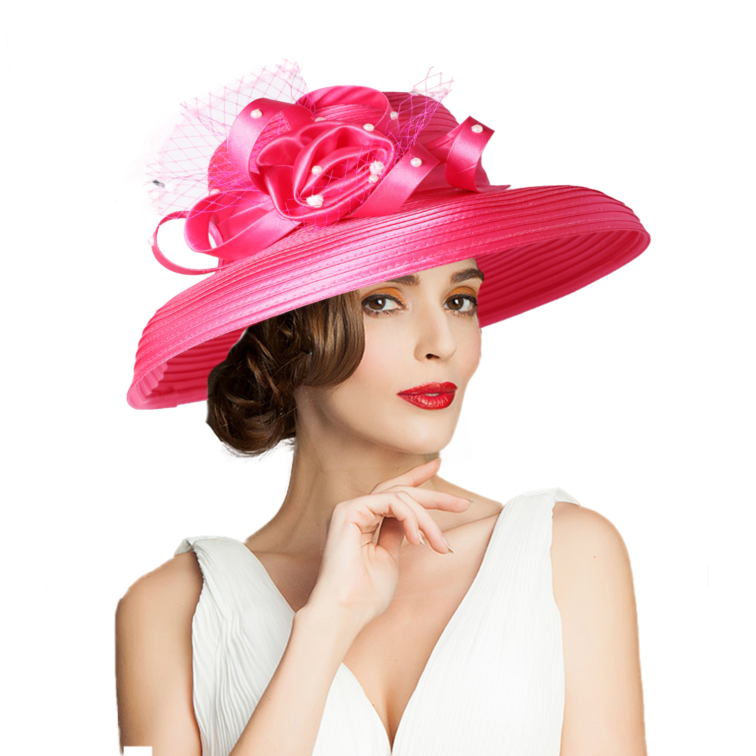Fs kentucky derby-hattar med brett brätte, marinblå slöja, blommig kyrkhatt för kvinnor, sommartebjudningshatt, fascinatorkeps, feminin hatt: Rosröd