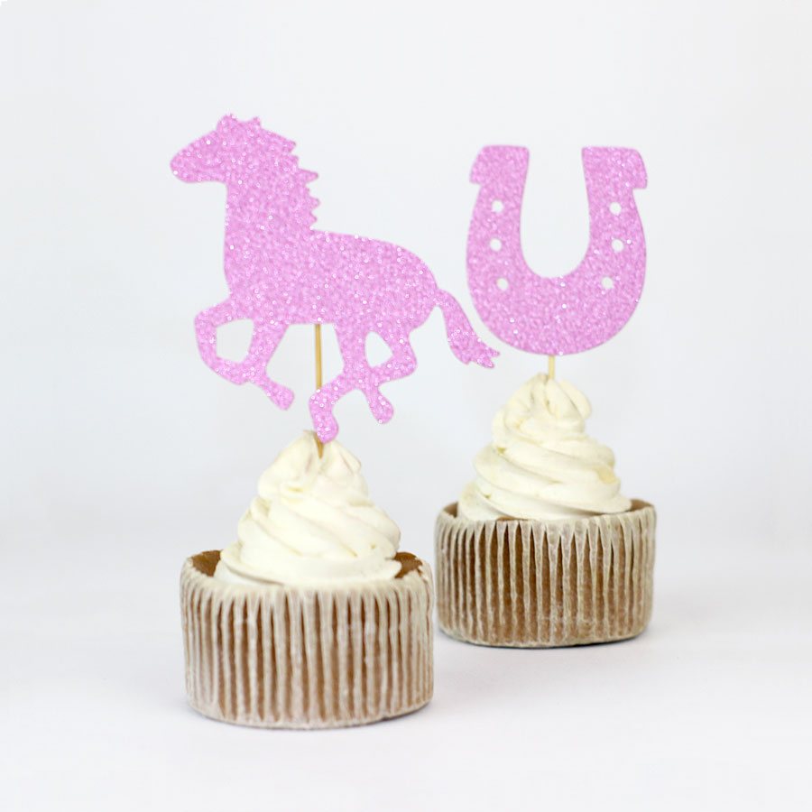 Caballo y Herradura brillo Cupcake Topper vaquera Magdalena de cumpleaños Topper vaquera de la Ducha del bebé, primer cumpleaños decoración