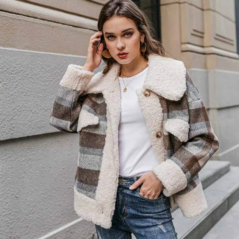 Chaqueta Vintage a cuadros para mujer, abrigo de lana de oveja grueso, cálido, informal, Polar holgado, abrigos con bolsillo, primavera y otoño,