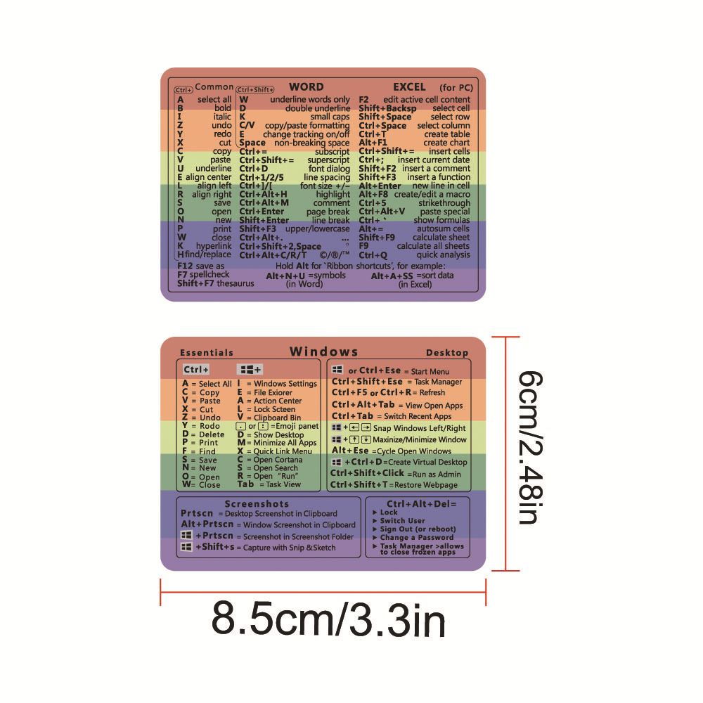 Windows + Word/Excel Quick Reference Guide Keyboard Shortcut Stickers, Laptop Keyboard Shortcuts Stickerss No-Residue Vinyl