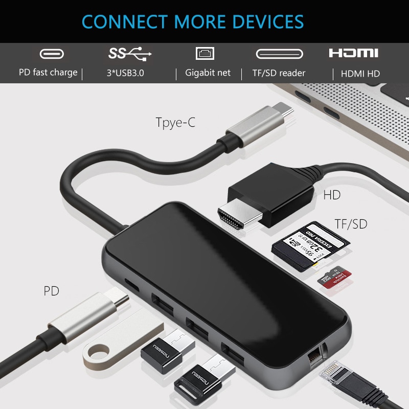 USB C Laptop Docking Bahnhof USB 3,0 RJ45 PD SD/TF USB HDMI-kompatibel Hub für Laptop Macbook Profi HP Dell Oberfläche Lenovo Dock