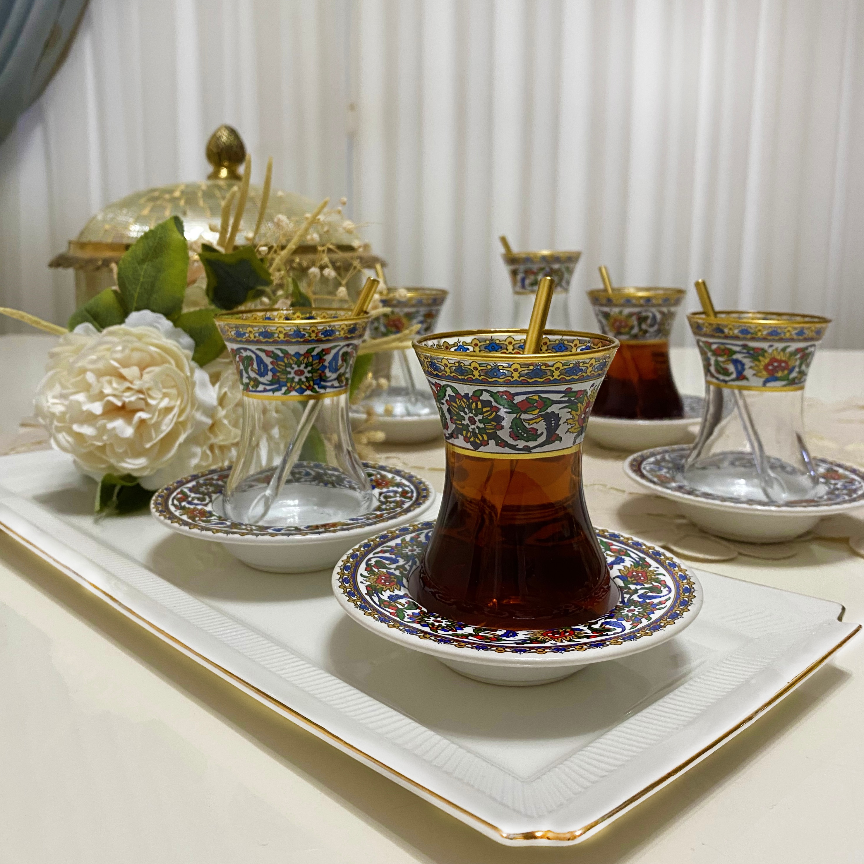 18 Pcs Turkish Tea Cups drinkware Tile Patterned Glass Arabic Tea Ware Porcelain Plate Glass Spoon expresso coffee tea set