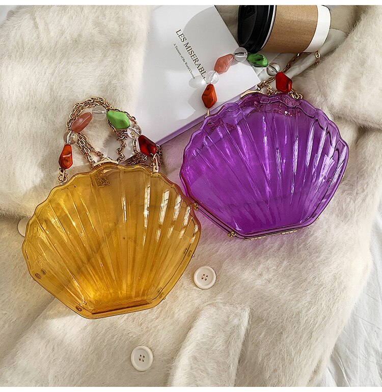 Bolso de mano de de plástico transparente con forma de concha para mujer, bandolera de boda, bolso de hombro con cadena