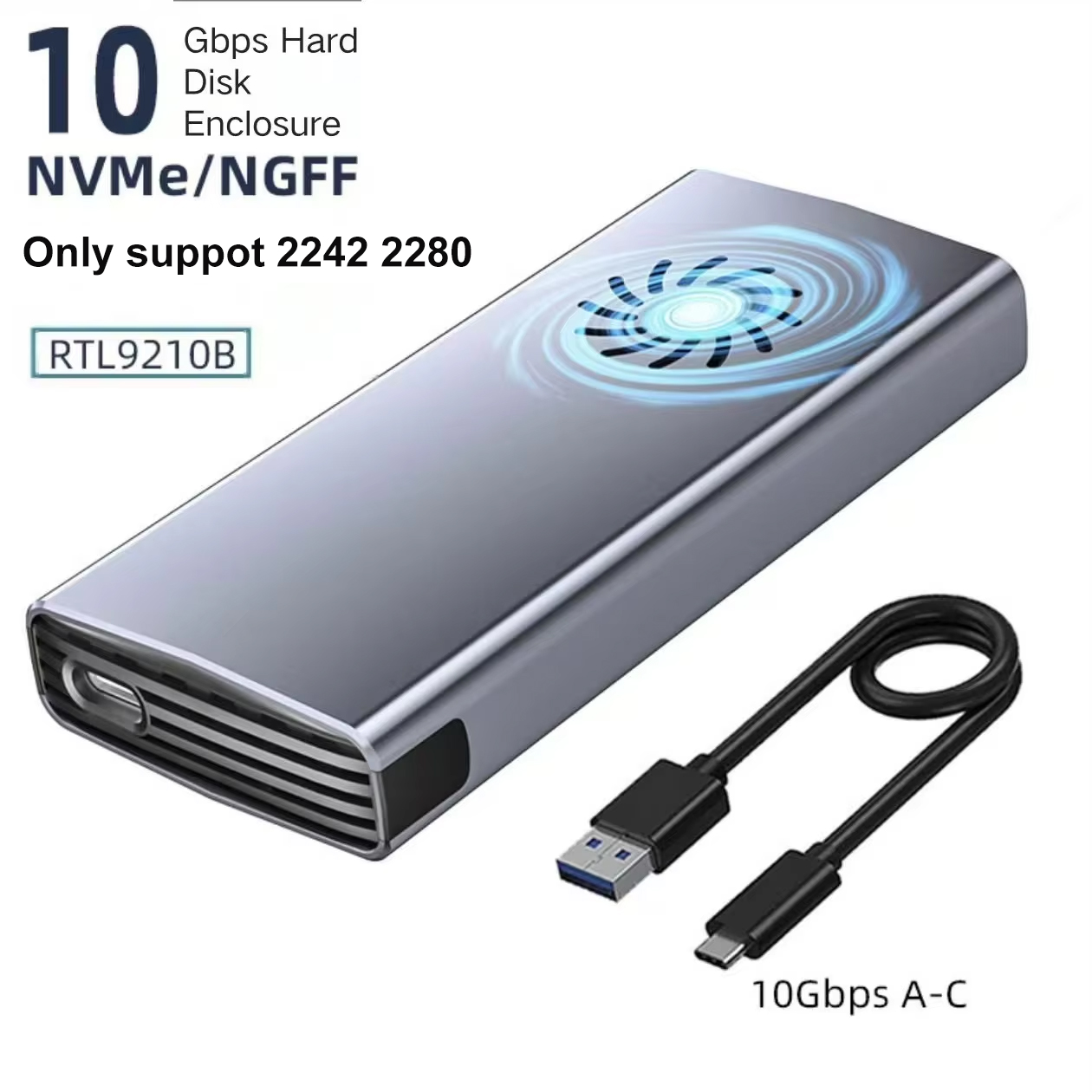 10Gbps M.2 NVME SATA SSD Case with Built-in Cooling Fan TypeC SSD Enclosure NVME NGFF SSD Adapter Support M.2 2242 2260 2280: Silver